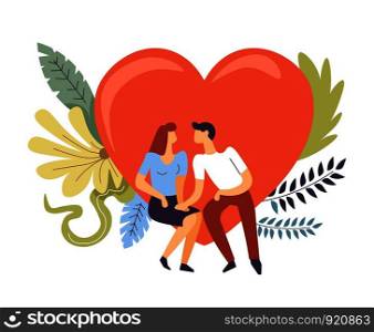 Couple in love hugging and kissing, heart and flowers vector. Romantic people spending time together, female and male happy pastime. Relationship building, fondness and tenderness of wife and husband. Couple in love hugging and kissing, heart and flowers