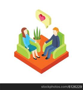 Couple in love in an armchair 3d isometry. Couple and love, isometry and young couple in love, armchair and man, relationship valentine, date valentine romantic illustration