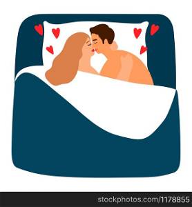 Couple in love in bed. Woman and man sleeping together, vector illustration. Couple in love in bed