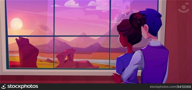 Couple in love looking at romantic sunset through window. Vector cartoon illustration of young man and woman hugging, admiring volcano landscape and desert river. Husband and wife on honeymoon trip. Couple looking at romantic sunset through window