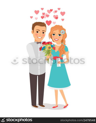 Couple in love. Lovers man and woman with a bouquet of flowers. Vector illustration. Couple in love
