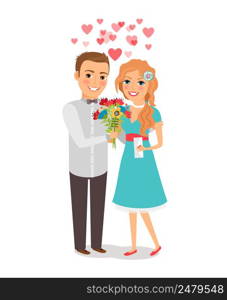 Couple in love. Lovers man and woman with a bouquet of flowers. Vector illustration. Couple in love