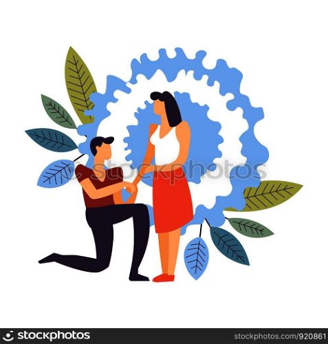 Couple in love, man and woman dating male making proposition vector boyfriend standing on knee and taking hand of girlfriend asking to marry marriage and engagement of happy pair male and female. Couple in love, man and woman dating male making proposition