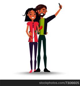 Couple in love man and woman vector illustration isolated on white. Caucasian female with rose flower in hands and male makes selfie. Female with Rose Flower and Male Makes Selfie