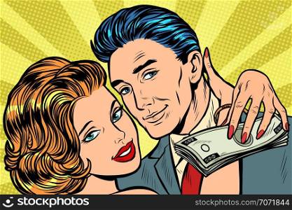 couple in love, money salary gift. Pop art retro vector illustration vintage kitsch. couple in love, money salary gift