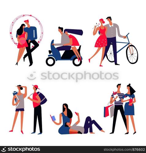 Couple in love or dating with romance relations. Vector young man and woman together in hearts or riding bicycle and motorcycle for honeymoon, girl and boy on travel adventure or shopping. Couple in love vector romance dating relations