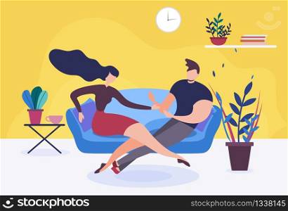 Couple in Love or Wife and Husband Sit on Sofa Talking, Sharing Impressions after Hard Working Day. Rest Evening Time. Spending Time Together at Home. Vector Living Room Interior Illustration. Couple in Love or Wife and Husband Sit on Sofa