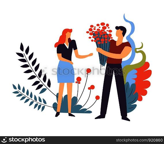 Couple in love, pair of man and woman feeling affection to each other vector relationship of male and female boyfriend giving bouquet to girlfriend flowers and foliage decoration stylized dating. Couple in love, pair of man and woman feeling affection