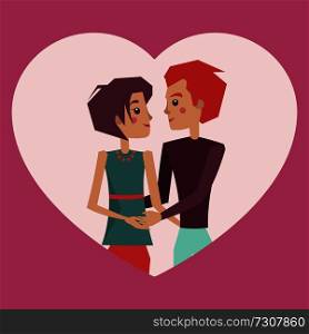 Couple in love, poster with heart shape of pink color, man and woman with deep feelings, happy to be together, isolated on vector illustration. Couple in Love and Heart Shape Vector Illustration