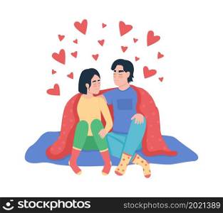 Couple in love semi flat color vector characters. Cuddling figures. Full body people on white. Lovers under blanket isolated modern cartoon style illustration for graphic design and animation. Couple in love semi flat color vector characters