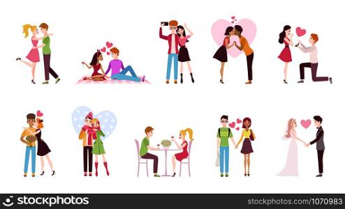 Couple in love set. Loving situations happy romantic couples, young men women characters hug and kiss dating, cartoon vector girlfriend and boyfriend romance isolated set. Couple in love set. Loving situations happy romantic couples, young men women characters hug and kiss dating, cartoon vector set