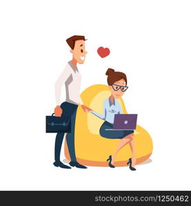 Couple in Love Sit in Beanbag Chair with Laptop. Young Woman Office Worker in Glasses Work by Computer. Man in Formal Suit with Briefcase Stand behind. Flat Cartoon Vector Illustration.. Couple in Love Sit in Beanbag Chair with Laptop