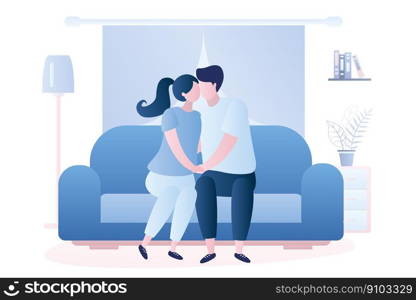 Couple in love sitting on the couch and kissing, living room interior with furniture. Male and female characters in trendy style. Vector illustration