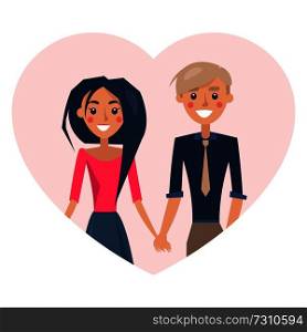 Couple in love smiling, poster with heart shaped frame of pink color and boyfriend holding hand of girlfriend, isolated on vector illustration. Couple in Love Smiling Poster Vector Illustration