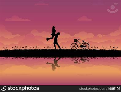 Couple in love, Summer of love, Pure love, Forever in love, Man and woman playing happily on meadow with sunset background, Happy couple, vector illustration design