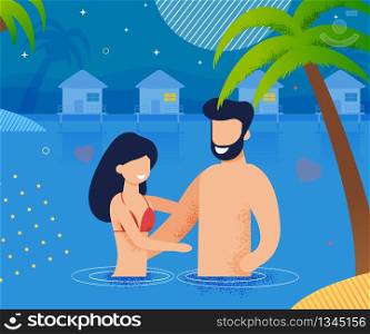 Couple in Love Swimming in Ocean at Night Cartoon. Romantic Dating in Evening under Stars. Honeymoon at Hotel with Bungalow on Water. Happy Man and Woman. Summer Vacation. Vector Flat Illustration. Couple in Love Swimming in Ocean at Night Cartoon