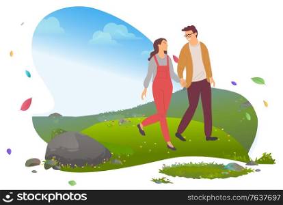 Couple in love traveling, man and woman walking in mountains vector. Guy and girl, tourism or trip, boyfriend and girlfriend, hiking and dating, nature. Man and Woman Walking in Mountains, Traveling