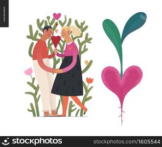 Couple in love - Valentines day graphics. Modern flat vector concept illustration - a young hetoresexual couple licking a heart shaped ice cream, a plant behind. Cute characters in love concept. Couple in love - Valentine graphics