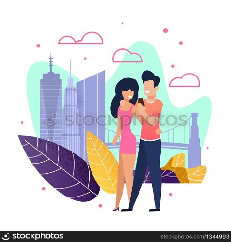 Couple in Love Walking Along City Street Flat Cartoon. Married Man and Woman Hugging and Taking Selfie. Honeymoon and Travel. Summer Vacation and Recreation. Happy Life Moments. Vector Illustration. Couple in Love Walking and Taking Selfie Cartoon
