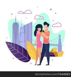 Couple in Love Walking Along City Street Flat Cartoon. Married Man and Woman Hugging and Taking Selfie. Honeymoon and Travel. Summer Vacation and Recreation. Happy Life Moments. Vector Illustration. Couple in Love Walking and Taking Selfie Cartoon