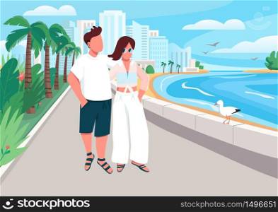 Couple in love walking along seafront flat color vector illustration. Romantic summer recreation. Boyfriend and girlfriend 2D cartoon characters with luxury resort coastline on background. Couple in love walking along seafront flat color vector illustration