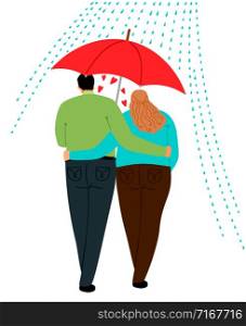 Couple in love walking under one umbrella, vector illustration. Couple in love under umbrella