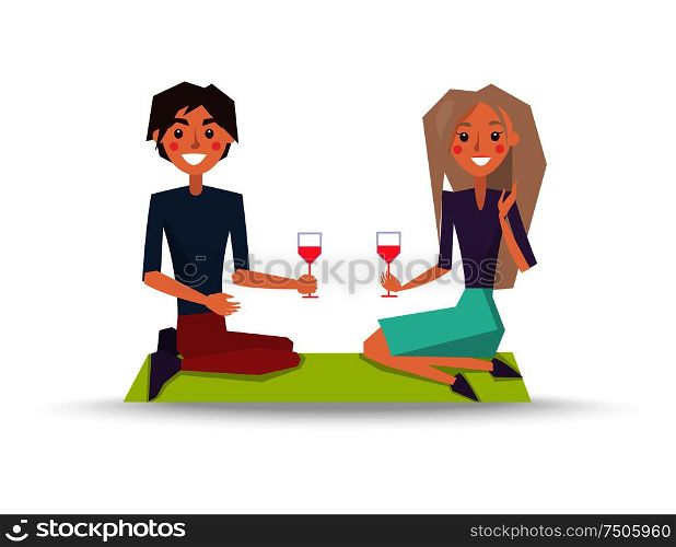 Couple in love with glasses of red wine on picnic vector illustration isolated on white. Lovers rest on nature with alcohol drink. Couple in Love with Glasses of Red Wine on Picnic