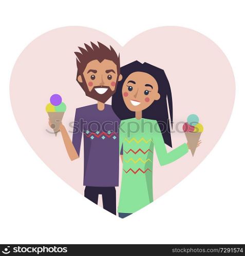 Couple in love with ice-cream, boyfriend and girlfriend having good time together, man and woman wearing sweaters, isolated on vector illustration. Couple in Love with Ice-cream Vector Illustration