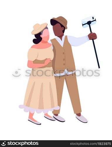 Couple in party costumes semi flat color vector characters. Posing figures. Full body people on white. Halloween isolated modern cartoon style illustration for graphic design and animation. Couple in party costumes semi flat color vector characters