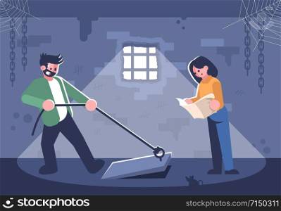 Couple in quest room flat vector illustration. Young woman reading map, man opening basement door cartoon characters. Friends in escape room searching exit. Modern entertainment, logic game