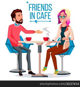 Couple In Restaurant Vector. Friends Or Boyfriend, Girlfriend. Man And Woman. Sitting Together And Drinking Coffee. Isolated Cartoon Illustration. Couple In Restaurant Vector. Man And Woman. Sitting Together And Drinking Coffee. Lifestyle. Isolated Cartoon Illustration