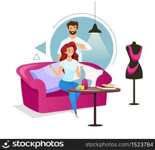 Couple in sewing studio flat color vector illustration. Woman making clothes on sofa. Fashion designer creating garment with colleague. Isolated cartoon character on white background