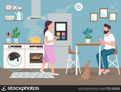 Couple in smart kitchen flat color vector illustration. People using automated household appliances. Young man and woman with smartphones 2D cartoon characters with dining room on background