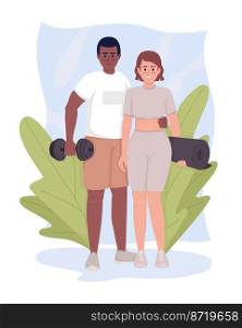 Couple in sports clothing 2D vector isolated illustration. Exercising together flat characters on cartoon background. Workout colourful editable scene for mobile, website, presentation. Couple in sports clothing 2D vector isolated illustration