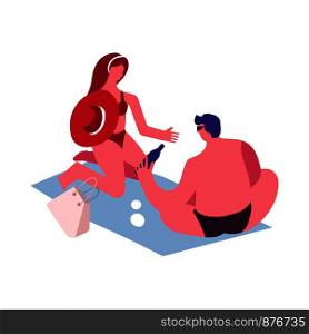 Couple in swimwear on blanket with bag and beer. Woman in red bikini with hat and big man in sunglasses and swimming trunks with glass bottle of drink isolated cartoon flat vector illustration.. Couple in swimwear on blanket with bag and beer