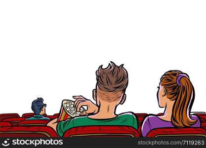 couple in the cinema eating popcorn and watching a movie. Pop art retro vector illustration drawing. couple in the cinema eating popcorn and watching a movie