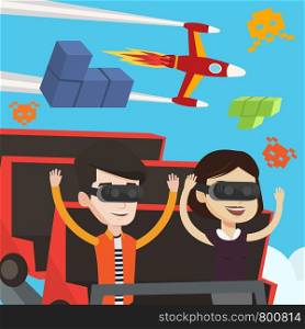 Couple in virtual reality headset riding on roller coaster. Excited young man and woman in virtual reality glasses having fun in virtual amusement park. Vector flat design illustration. Square layout.. Couple in vr headset riding on roller coaster.