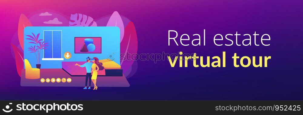 Couple in VR glasses. Property virtual reality simulation. Real estate virtual tour, VR virtual house tour, virtual tours creating services concept. Header or footer banner template with copy space.. Real estate virtual tour concept banner header