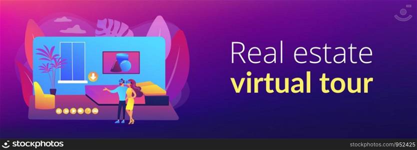 Couple in VR glasses. Property virtual reality simulation. Real estate virtual tour, VR virtual house tour, virtual tours creating services concept. Header or footer banner template with copy space.. Real estate virtual tour concept banner header