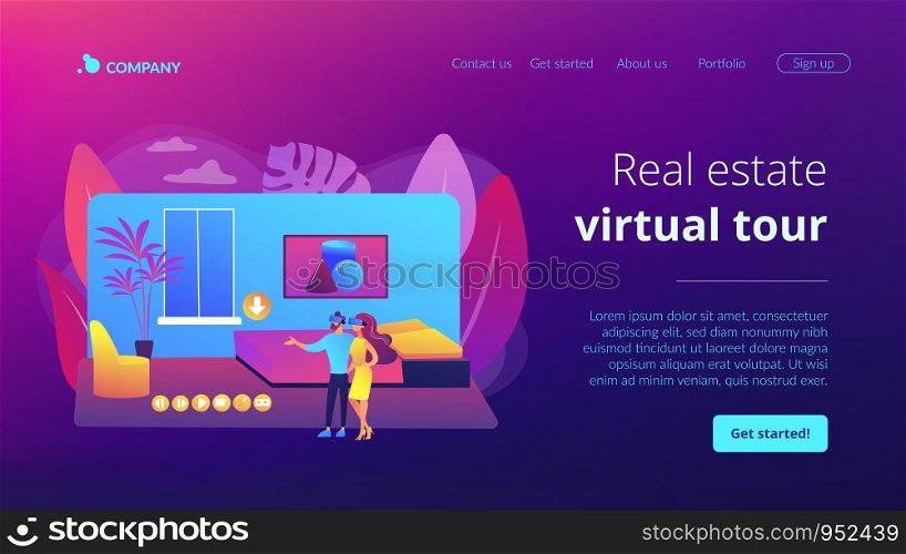 Couple in VR glasses. Property virtual reality simulation. Real estate virtual tour, VR virtual house tour, virtual tours creating services concept. Website homepage landing web page template.. Real estate virtual tour concept landing page