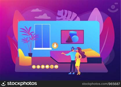 Couple in VR glasses. Property virtual reality simulation. Real estate virtual tour, VR virtual house tour, virtual tours creating services concept. Bright vibrant violet vector isolated illustration. Real estate virtual tour concept vector illustration