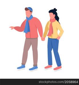 Couple in winter semi flat color vector characters. Dynamic figures. Full body people on white. Wintertime outdoor walk isolated modern cartoon style illustration for graphic design and animation. Couple in winter semi flat color vector characters