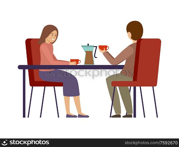 Couple is drinking coffee in a cafe. Lunch break. Man and woman. Vector flat illustration.