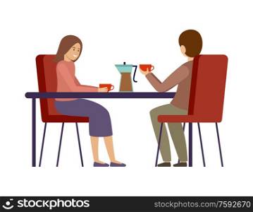Couple is drinking coffee in a cafe. Lunch break. Man and woman. Vector flat illustration.