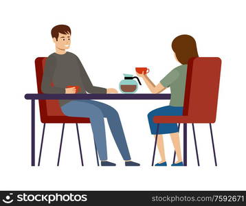 Couple is drinking coffee in a cafe. Lunch break. Man and woman. Vector flat illustration.