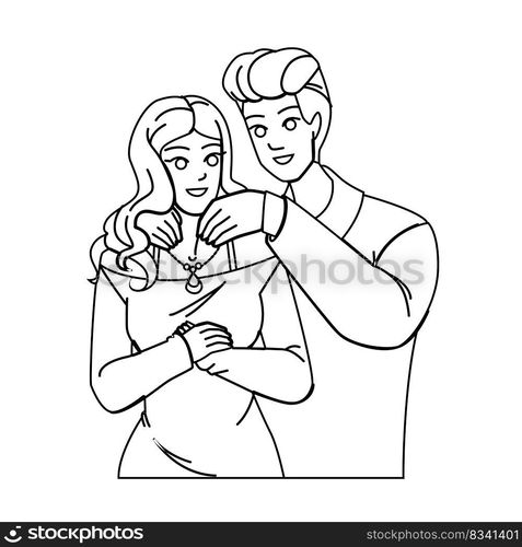 couple jewerly line pencil drawing vector. man beautiful, woman gift, happy young, fashion diamond, boyfriend female, lifestyle girlfriend couple jewerly character. people Illustration. couple jewerly vector