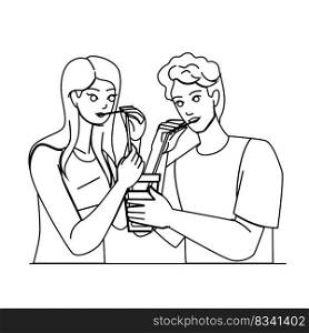 couple juice line pencil drawing vector. home man, love woman, breakfast morning, kitchen happy, adult food, indoors together, male togetherness couple juice character. people Illustration. couple juice vector