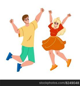 couple jumping vector. happy man woman, jump young, joy together, fun family, girl love, two excited friends couple jumping character. people flat cartoon illustration. couple jumping vector