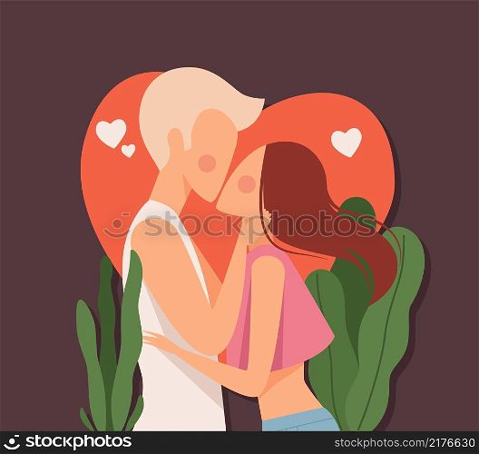 Couple kiss. Love dating, man kissed woman on red heart background. Summer loving vector card, love and kiss valentine, hug and happiness illustration. Couple kiss. Love dating, man kissed woman on red heart background. Summer loving vector card