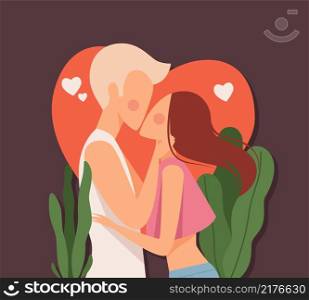 Couple kiss. Love dating, man kissed woman on red heart background. Summer loving vector card, love and kiss valentine, hug and happiness illustration. Couple kiss. Love dating, man kissed woman on red heart background. Summer loving vector card